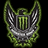 Pixelated green and silver icon with a stylized 'M' symbol inside a rectangular frame, surrounded by wing-like shapes on a black background.