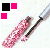 A static pixelated image shows a pink mascara tube with a black wand and silver cap, accompanied by two solid magenta squares on the left.