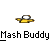 A static contact sheet showing two identical frames of a pixelated yellow and white buddy icon with text promoting 'Mash Buddy' and 'badassbuddy.com'.