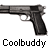 Pixelated grayscale image of a handgun with the text "Coolbuddy" below it on a white background.