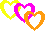 Pixelated heart shapes in multiple colors arranged in overlapping pairs on a gray background.