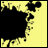 Two side-by-side pixelated frames of a yellow background with black abstract shapes, the right frame containing visible text.