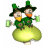 Two cartoon leprechauns in green hats and coats sit on a large yellow mushroom, each holding a green mug.