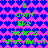 Pixelated text on a heart-patterned background with color shifts between blue and purple hues.