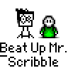 Animated contact sheet of 10 pixel art frames showing a green-shirted character interacting with a black-and-white checkered figure labeled "Beat Up Mr. Scribble" on gray background.