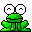 Pixelated green frog with large white eyes, two versions side-by-side showing different eye symbols on a gray background.