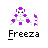 Pixel art icon of a white and purple robot-like character with black eyes, blue mouth, and segmented tail standing above pixelated text reading "Freeza" on gray background.