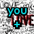 A static digital image with layered text elements over a textured background, displaying 'you + me = meant 2 be' in distinct colors and styles.
