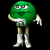 Static pixelated green M&M character with white arms, legs, and chest stripe standing against black background.