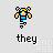 Pixelated character with blonde pigtails and blue outfit in multiple poses including standing, running, and firing blue laser beams, with 'they' text below each pose.