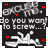 Animated icon with black background, red heart symbols, white text 'excuse me do you want to screw...', and a pixelated figure in motion.