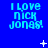 Blue background with repeated 'I LOVE NICK JONAS!' text in cyan pixelated font, animated white star-like shapes appear and disappear across frames.
