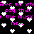 Pixelated text and heart shapes repeat in a pattern on black background with pink and white colors.
