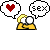 Pixel art buddy icon showing a yellow stick figure with large eyes and speech bubbles containing a red heart and the word "SEX" on gray background.
