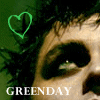 nine shows a person with dark hair and green eyes, each featuring 'GREENDAY' text below the face and a heart symbol in top-left corner