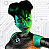 Pixelated green-skinned figure with black hair, wearing dark clothing with a white circular emblem on the chest, against a light checkered background.