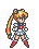 Pixel art character with blonde pigtails, red boots, and blue-and-white outfit in six distinct poses against gray background.