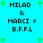 Pixelated text on cyan background with green plus signs, showing 'MILAD & MARCI = B.F.F.L' in four identical