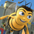 Pixelated yellow bee character with blue eyes and black antennae against a blurred background of gray structures and blue sky, smiling with visible teeth.