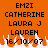 Orange background with black pixelated text reading EMZI, CATHERINE, LAURA J, LAUREN, 16/10/07 and white flame-like shapes at the bottom.