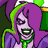 Pixel art animation of a purple-haired character with green accents in three sequential frames showing eye movement and mouth position changes.