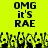 Yellow background with black text reading "OMG it's RAE" repeated twice, below which are multiple pixelated figures with raised hands.