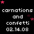 Black background with repeated white text 'carnations and confetti 02.14.08' surrounded by pink and dark red stars, some of which shift position across frames.