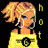 Pixelated character with blonde hair in a high ponytail, wearing yellow sleeveless top and large hoop earrings against black background.