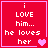 Red square icon with white text 'i LOVE him... he loves her' and pink heart symbols, showing animation changes across four