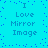 Pixelated cyan background with blue text reading "I Love Mirror Image" in two vertical , surrounded by scattered blue dots forming a loose border