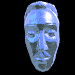 12 pixelated blue-toned head views showing a single person's face from multiple angles against a black background
