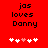 Red background with black text 'jos loves Danny' and six white hearts below, one heart pink in the center-left position.