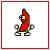 Pixelated character with red body, green accents, and gray limbs in a seated pose against white background with red border.