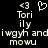 Pixelated black-and-white animation showing two identical side-by-side text layouts with heart symbol above left text block, each containing 'Tori', 'ily', 'iwgyh andi', 'mowu' in blocky font.