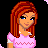 Pixel art of a character with red hair and pink top, showing torso and legs in blue jeans with heart patches, against black background with purple text.