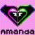 Pixelated heart-shaped icon with pink and green borders, black interior containing 'AF' letters, on a light purple dotted background with the name 'Amanda' below.