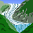 Pixelated landscape showing a waterfall cascading over rocky terrain with green foliage and blue sky background.