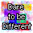A contact sheet of 19 animated frames showing a static text-based buddy icon with "Dare to be Different" in pixelated font over a multicolored background, where the word "Different" alternates between black and orange outlines across frames.