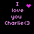 Pixelated pink text on black background reads "I love you Charlie<3" with a heart symbol above the 'you' in one frame and a dotted circle replacing it in another.