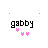 Pixelated pink and black icon with 'gabby' text, small hearts below, and changing directional arrow or heart symbols above.