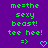 Green pixelated text on purple background reads "me=the sexy beast! tee hee!" with two identical side-by-side layouts, each ending with "=>" and a cyan heart symbol.