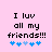 Pixelated text on pink background with blue heart symbols, showing two animation frames where the hearts shift position.