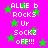 Bright pink background with scattered green stars and repeated white pixelated text reading 'ALLIE b ROCKS Ur SoCKZ oFF!!!'