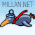 Pixelated cartoon penguin with orange beak and red scarf, lying on side against light blue background with repeated text.