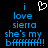Blue pixelated text on black background reads 'i love sierra she's my bff!!!' with a white heart symbol above the first line.
