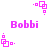 Pixelated pink text 'Bobbi' appears below a rotating square pattern with small dots, displayed in multiple positions on white background