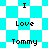 Pixelated text "I Love Tommy" arranged in a on cyan and white checkered backgrounds with diamond-shaped patterns