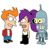 Three cartoon characters stand side-by-side: orange-haired Fry in red jacket, purple-haired Leela in white tank top, and blue robot Bender with yellow eyes.