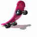 A pink skateboard with black wheels animates through five distinct poses against a white background, showing rotation and shadow changes.