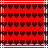 Red background with white lines and repeating black pixelated heart shapes arranged in and